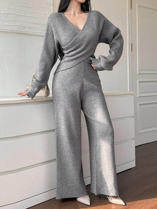 Women's Elegant Commuter Criss-Cross Wrap Sweater & Knit Pants