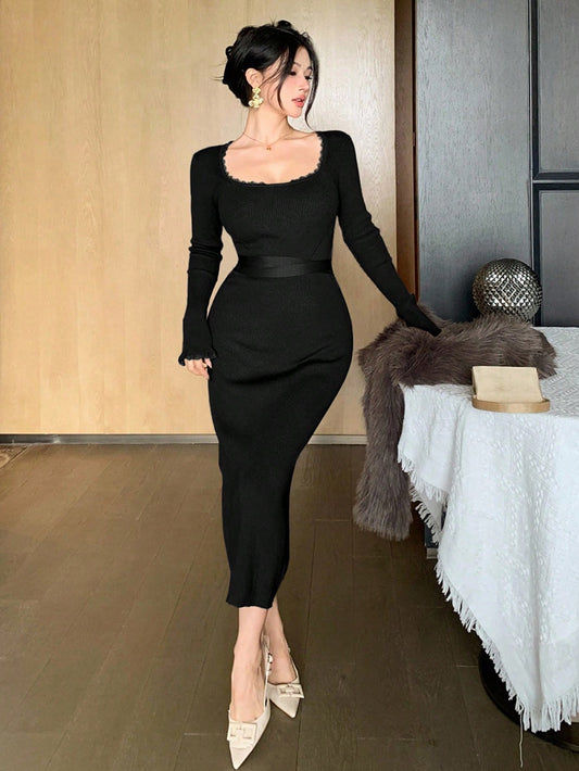 Solid Color Fitted Waist Tie Waist Lace Patchwork Flare Sleeve Women Sweater Dress