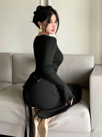 Solid Color Fitted Waist Tie Waist Lace Patchwork Flare Sleeve Women Sweater Dress