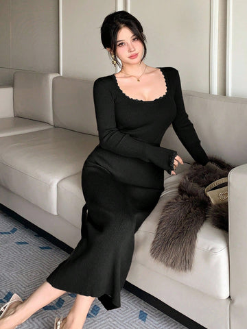 Solid Color Fitted Waist Tie Waist Lace Patchwork Flare Sleeve Women Sweater Dress