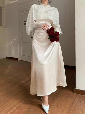 DAZY Women's Elegant Long Dress With Shiny Satin Waist Cinching