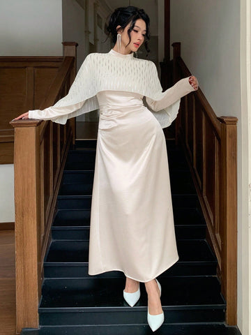 DAZY Women's Elegant Long Dress With Shiny Satin Waist Cinching