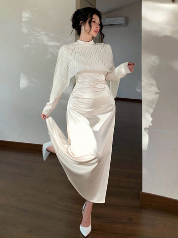 DAZY Women's Elegant Long Dress With Shiny Satin Waist Cinching