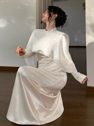 DAZY Women's Elegant Long Dress With Shiny Satin Waist Cinching