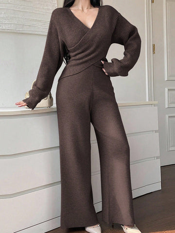 Women's Elegant Commuter Criss-Cross Wrap Sweater & Knit Pants