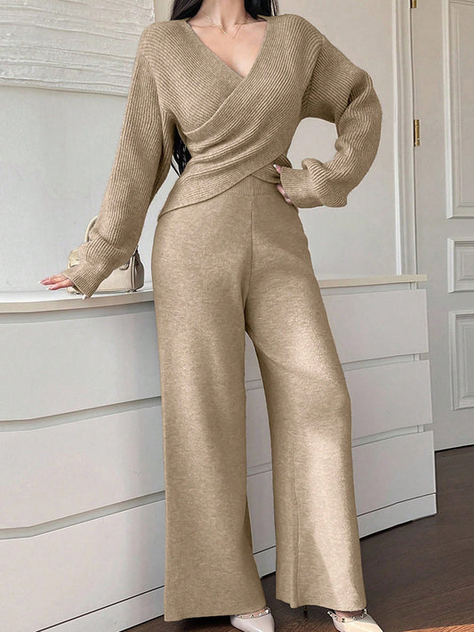 Women's Elegant Commuter Criss-Cross Wrap Sweater & Knit Pants