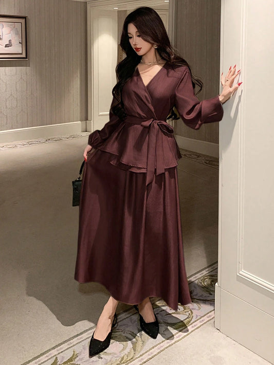 Women's Elegant Solid Color V-Neck Belted Shirt And A-Line Skirt