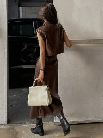 Women Front Button Pocket Blouse And PU Skirt