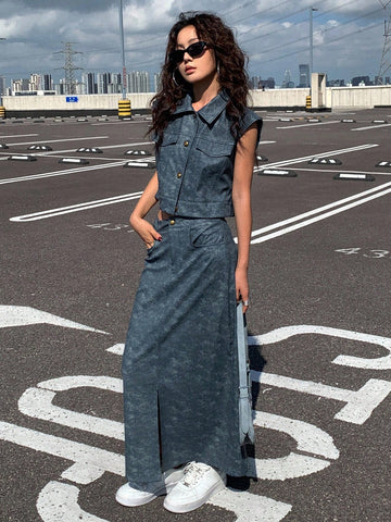 Women Front Button Pocket Blouse And PU Skirt