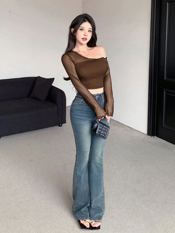 Casual Solid Color Mesh Splicing Crop Top With Asymmetric Neckline