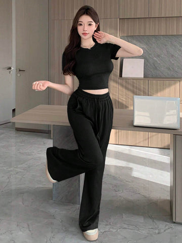 2pcs Women's Casual Plain Crew Neck Short Sleeve Top And Pants