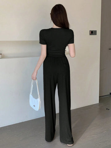 2pcs Women's Casual Plain Crew Neck Short Sleeve Top And Pants