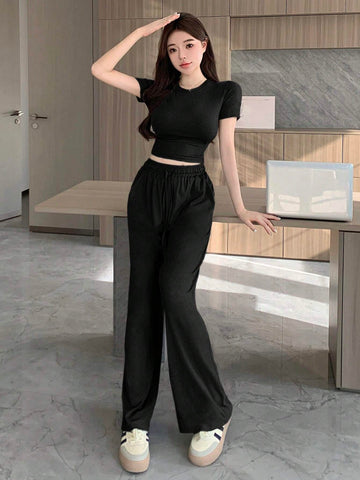 2pcs Women's Casual Plain Crew Neck Short Sleeve Top And Pants