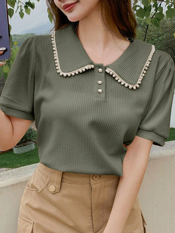 DAZY Women's Faux Pearl Edge POLO Collar Short Sleeve Casual T-Shirt