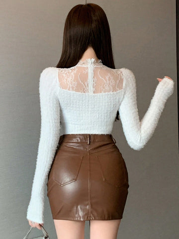 DAZY Women's Fuzzy Lace Patchwork Long Sleeve T-Shirt