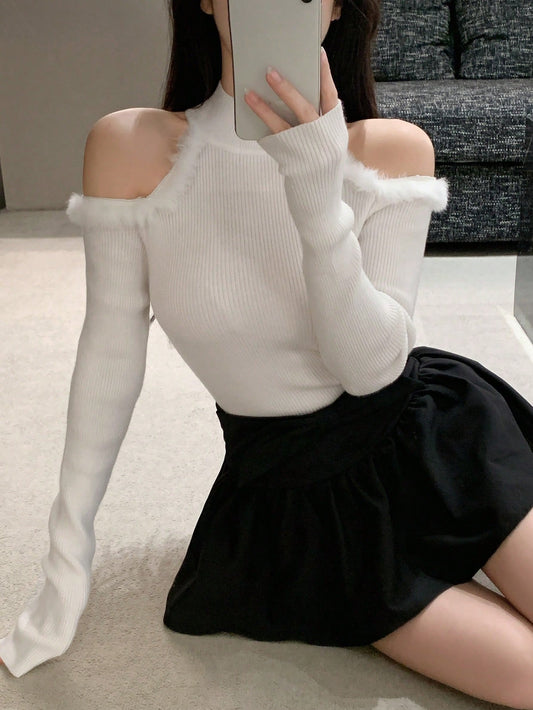 Women's Fuzzy Patchwork Off-Shoulder High Neck Knit Sweater