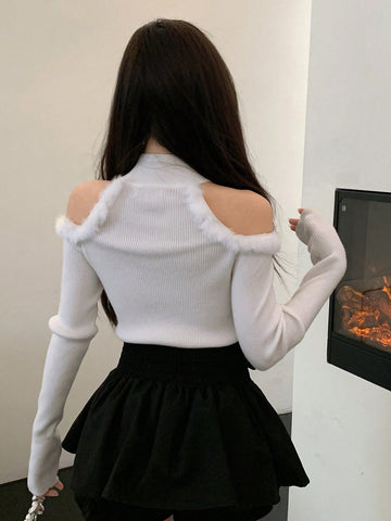 Women's Fuzzy Patchwork Off-Shoulder High Neck Knit Sweater