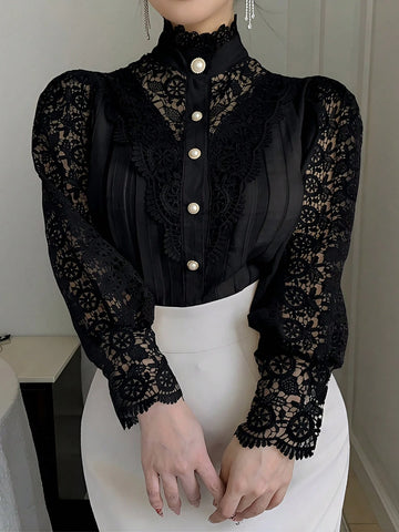 DAZY Women's Lace Patchwork Petal Sleeve Loose Blouse
