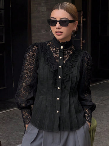 DAZY Women's Lace Patchwork Petal Sleeve Loose Blouse