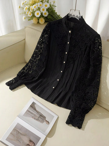 DAZY Women's Lace Patchwork Petal Sleeve Loose Blouse