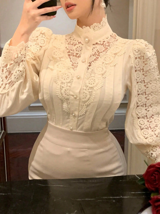 DAZY Women's Lace Patchwork Petal Sleeve Loose Blouse