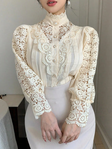 DAZY Women's Lace Patchwork Petal Sleeve Loose Blouse