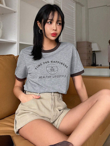 DAZY Women's Colorblock Letter Printed T-Shirt