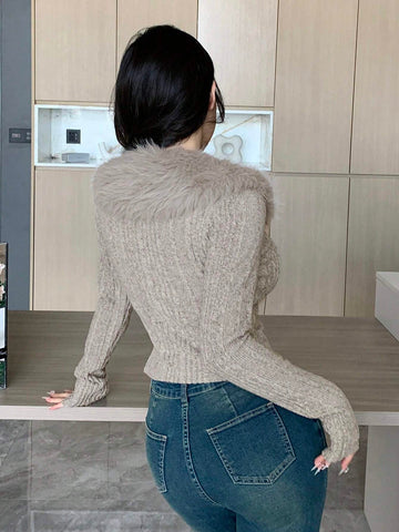 DAZY Textured Brushed Patchwork Collar Fitted Sexy Cardigan