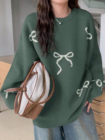 Round Neck Dropped Shoulder Loose Bow Pattern Pullover Sweater