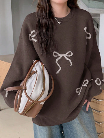 Round Neck Dropped Shoulder Loose Bow Pattern Pullover Sweater