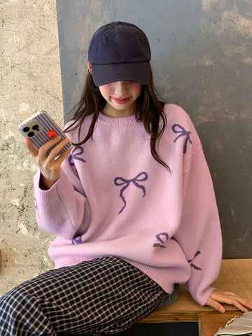Round Neck Dropped Shoulder Loose Bow Pattern Pullover Sweater