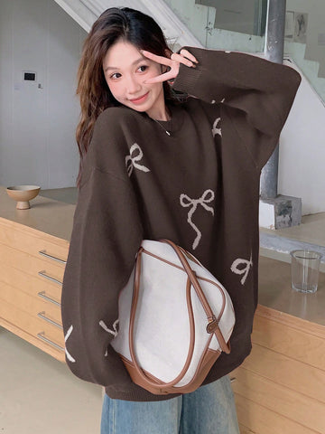 Round Neck Dropped Shoulder Loose Bow Pattern Pullover Sweater