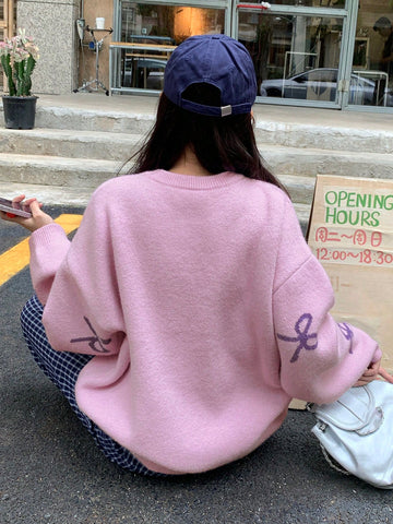 Round Neck Dropped Shoulder Loose Bow Pattern Pullover Sweater