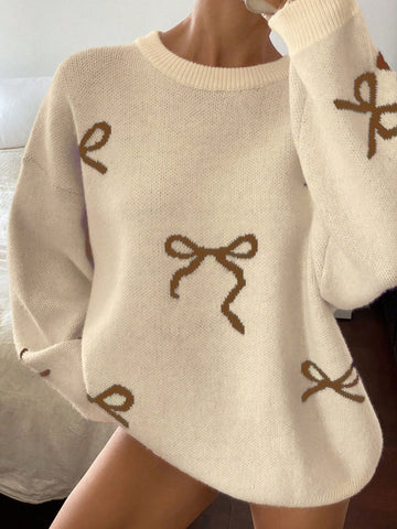Round Neck Dropped Shoulder Loose Bow Pattern Pullover Sweater