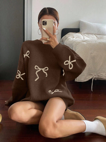 Round Neck Dropped Shoulder Loose Bow Pattern Pullover Sweater