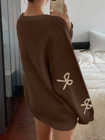 Round Neck Dropped Shoulder Loose Bow Pattern Pullover Sweater