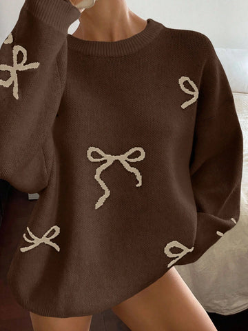Round Neck Dropped Shoulder Loose Bow Pattern Pullover Sweater