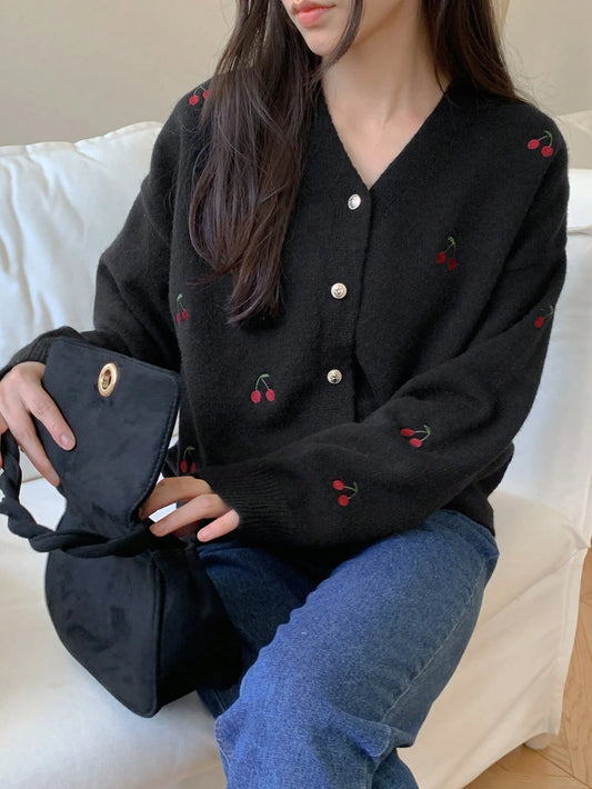 DAZY Cherry Embroidery Drop Shoulder Cardigan