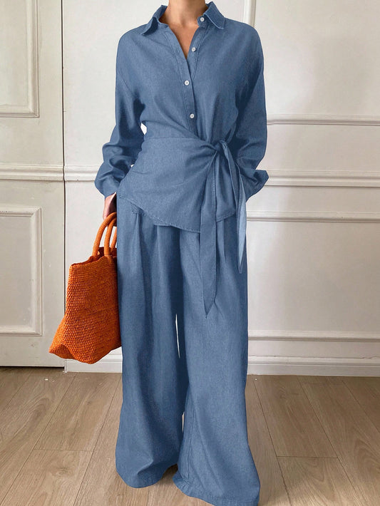 DAZY Women's Loose Side Tie Long Sleeve Shirt And Wide Leg Pants