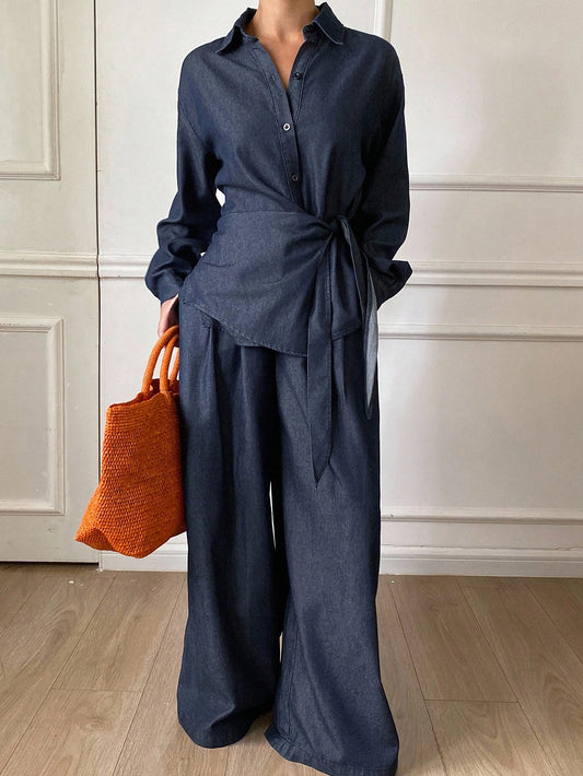 DAZY Women's Loose Side Tie Long Sleeve Shirt And Wide Leg Pants