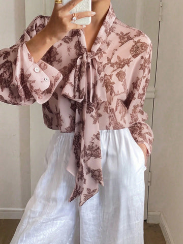 Women's Loose Tie Neck Long Sleeve Thin Casual Summer Blouse