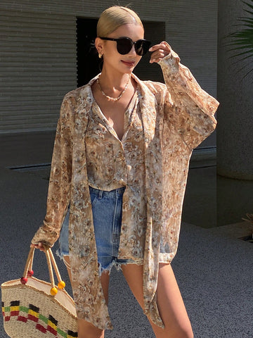 Women's Loose Tie Neck Long Sleeve Thin Casual Summer Blouse