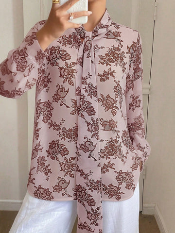 Women's Loose Tie Neck Long Sleeve Thin Casual Summer Blouse