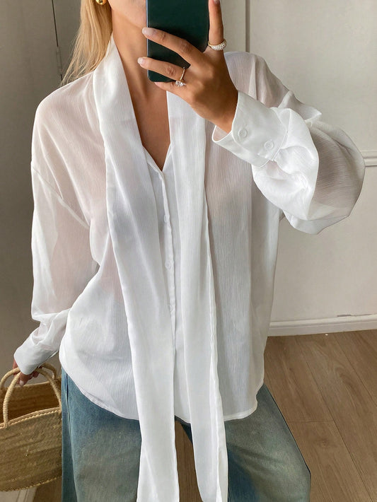 Women's Loose Tie Neck Long Sleeve Thin Casual Summer Blouse
