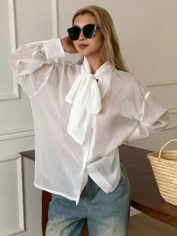 Women's Loose Tie Neck Long Sleeve Thin Casual Summer Blouse
