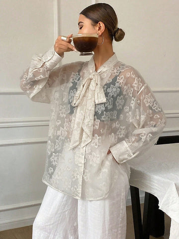 Women's Loose Tie Neck Long Sleeve Thin Casual Summer Blouse