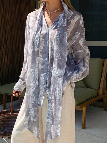 Women's Loose Tie Neck Long Sleeve Thin Casual Summer Blouse