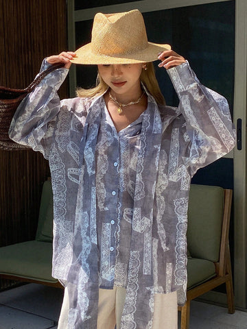Women's Loose Tie Neck Long Sleeve Thin Casual Summer Blouse
