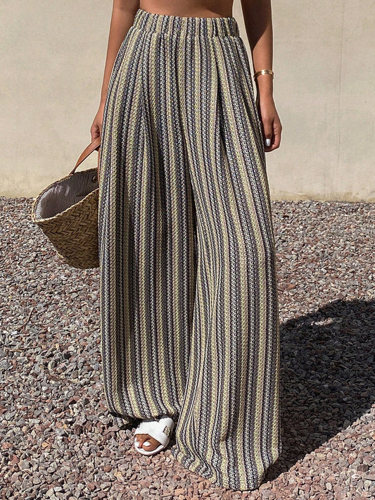 olid Color Loose Straight Leg Pants With Elastic Waist And Drawstring