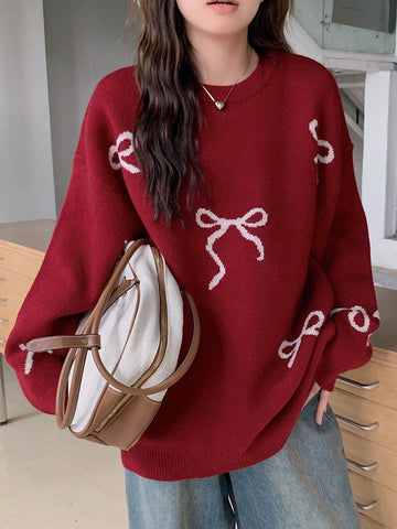 Round Neck Dropped Shoulder Loose Bow Pattern Pullover Sweater